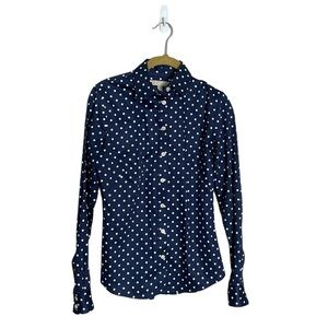 Banana Republic Blue White Polka Dot Non Iron Button Down Blouse 0